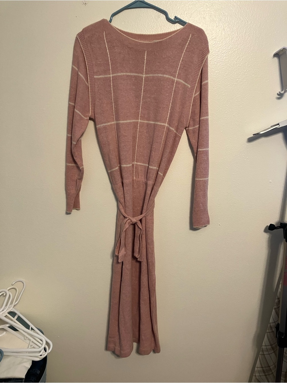 Windowpane Tie-Waist Long Sleeve Midi Dress - Dusty Rose